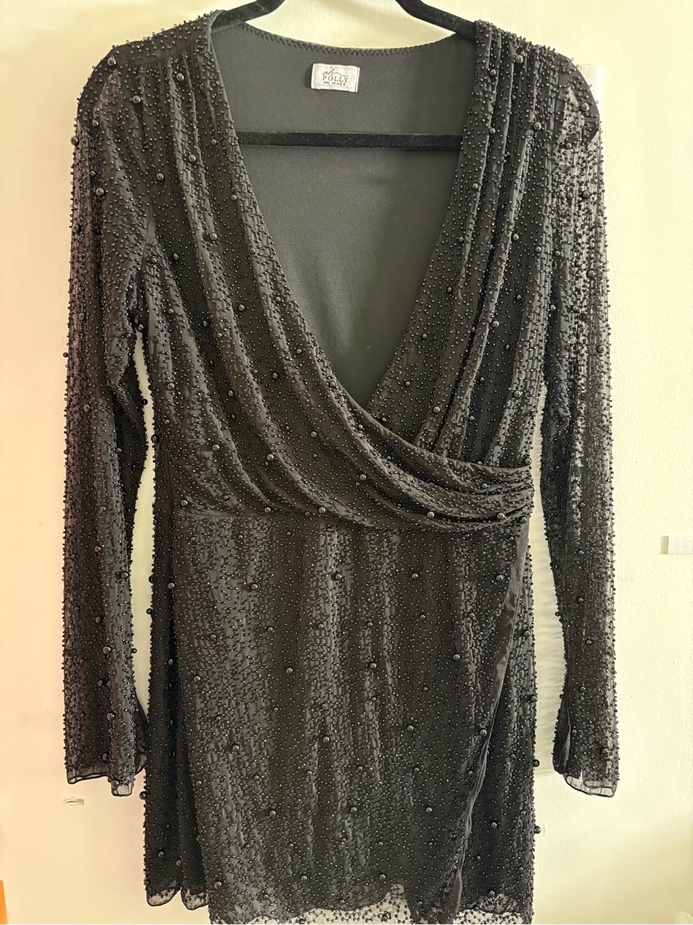 Oh Polly Black Beaded Long-Sleeve Wrap Dress
